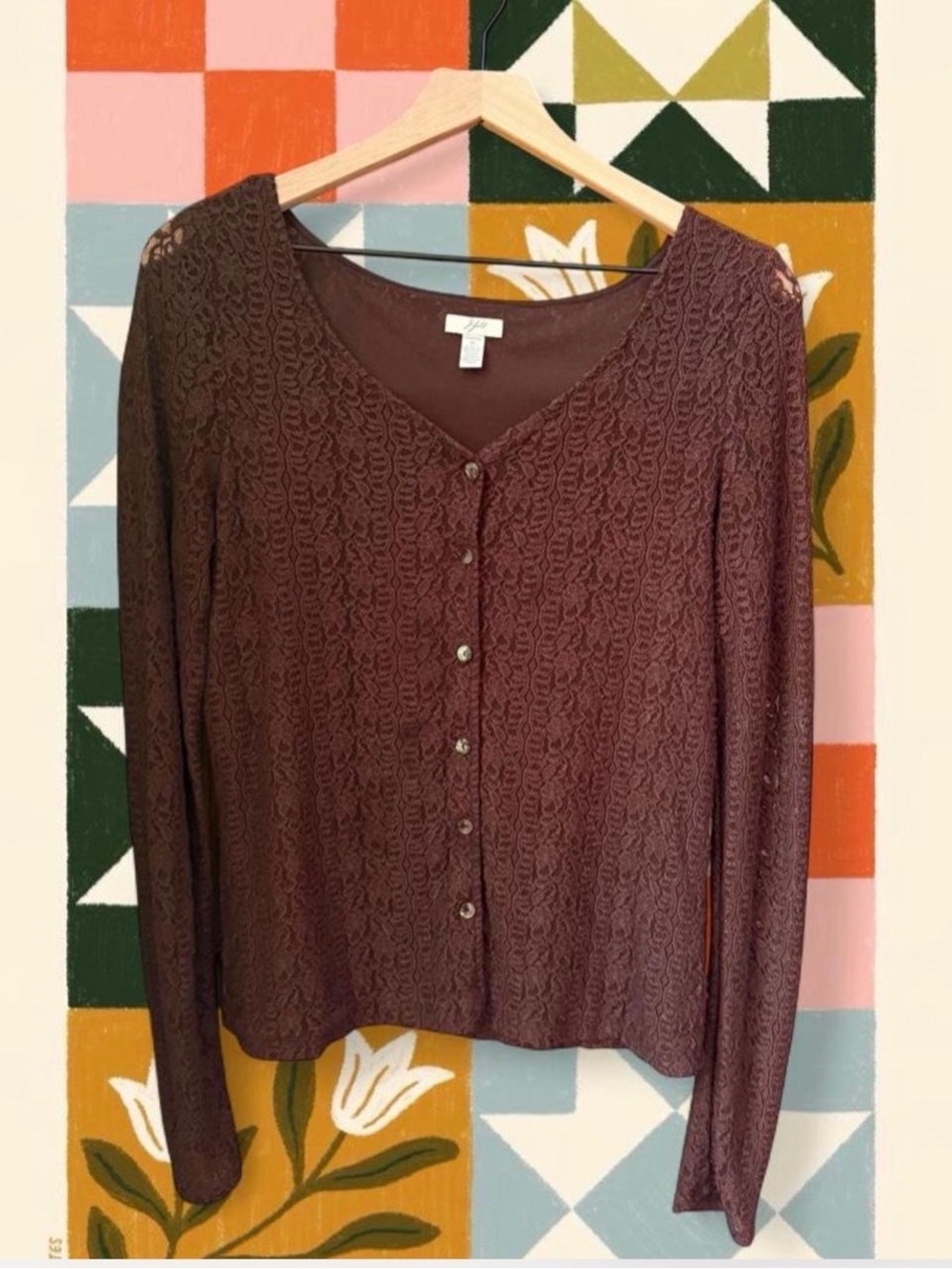 J. Jill Lace-Overlay Button Cardigan - Brown